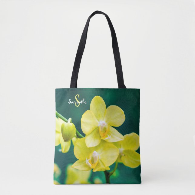 Orquídea Amarela na bolsa Tote verde (Frente)