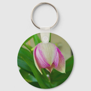 Orquídea branca e roxa delicada em um chaveiro