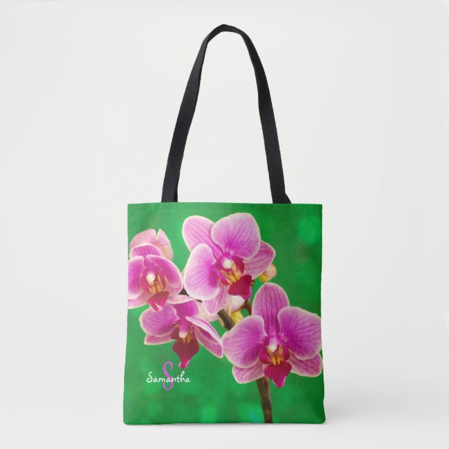 Orquídea Roxa na Bolsa Tote Verde (Frente)