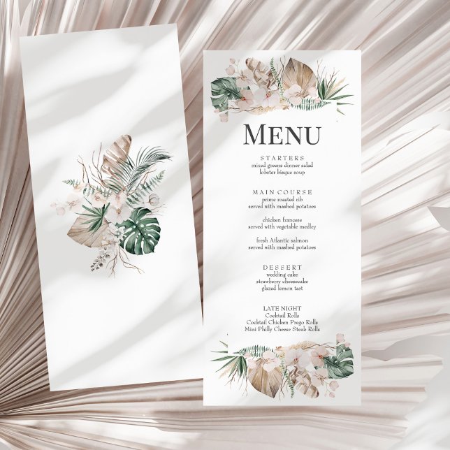 Orquídea Tropical e Cartão de Menu Casamento Monst (Tropical Orchid and Monstera Wedding Menu Card on a sunny white dry palm leaf.)