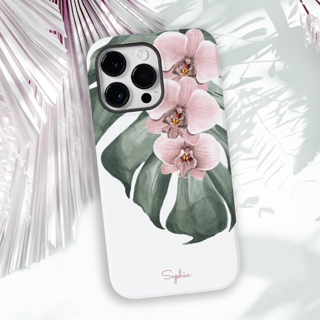 Orquídeas Rosa em Monstera Tropical Floral com Nom (A feminine floral case with a tropical vibe in pastel pink orchids and a large Monstera leaf.)