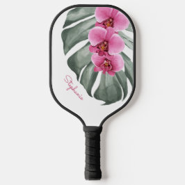 Orquídeas Rosa Quente na Folha Monstera com Nome