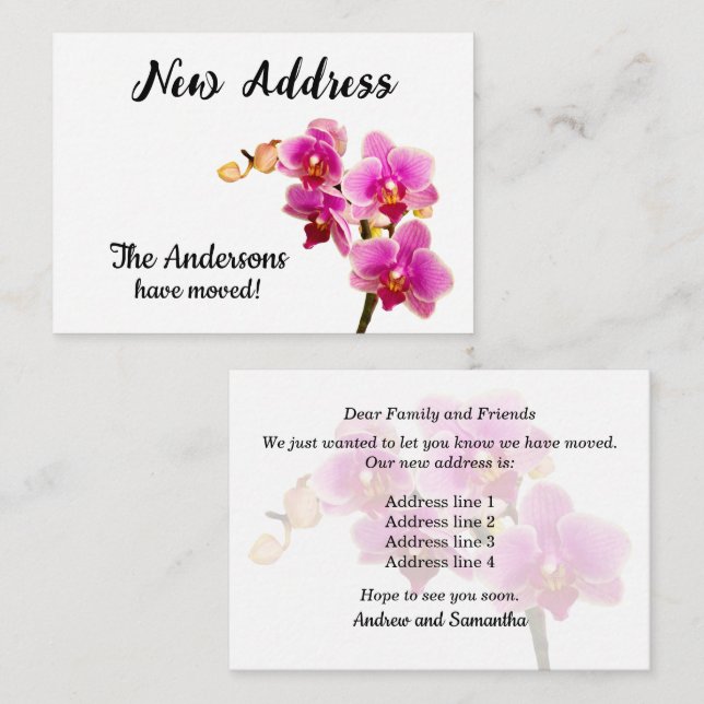 Orquídeas Roxas em Anúncio de Novo Endereço Branco (Frente/Verso)