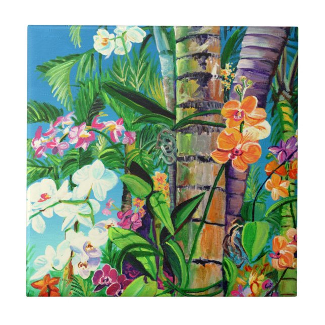 Orquídeas Tropicais com Azulejo cerâmico de Palmei (Frente)