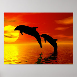 Os golfinhos que saltam o poster do por do sol