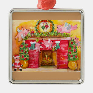 Os porcos do vôo decoram a lareira & o ornamento