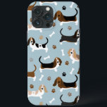 Ossos do Cachorro do Cachorro-Basset e Pedras<br><div class="desc">Cães de Caça-Basset com casacos castanhos,  pretos,  brancos e limões com ossos de cão espalhados e pata imprime padrões divertidos para cães.</div>