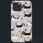 Ossos do Cachorro do Cachorro-Basset e Pedras<br><div class="desc">Cães de Caça-Basset com casacos castanhos,  pretos,  brancos e limões com ossos de cão espalhados e pata imprime padrões divertidos para cães.</div>
