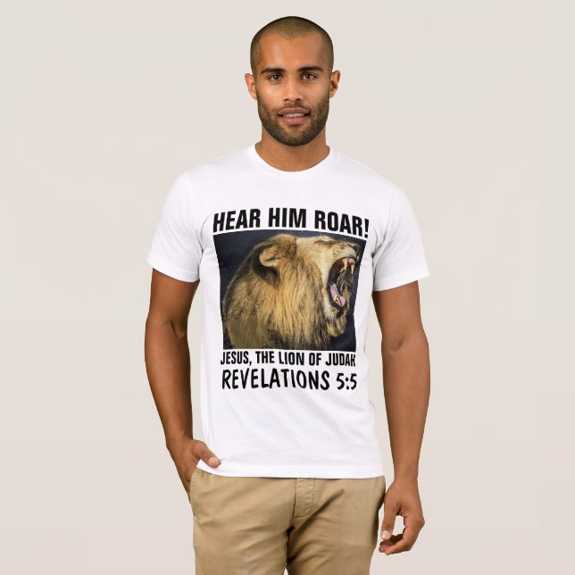 OUÇA O RAIO DELE! JESUS, LÍÃO DAS T-Shirts JUDAH (Frente Completa)