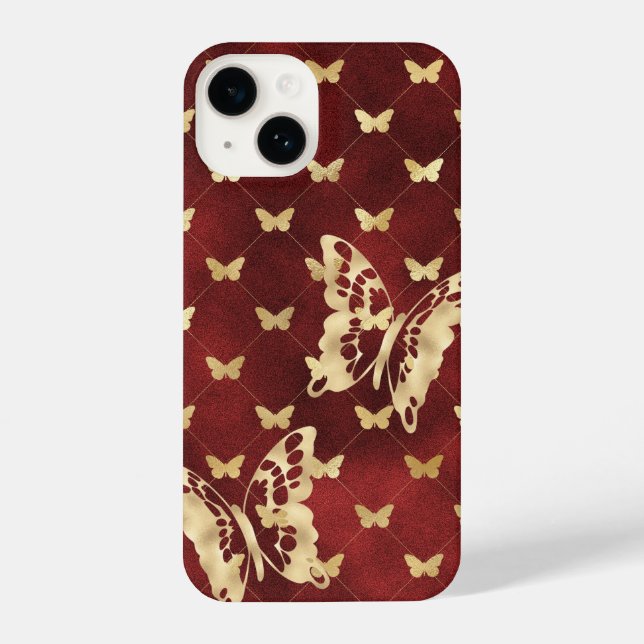 Ouro Amaranth Velvet Borboletas iPhone 14 Capas (Verso)
