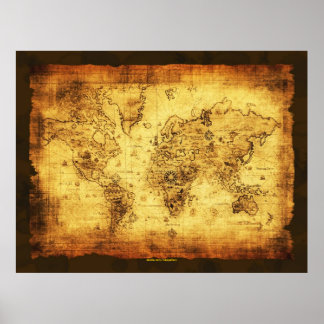 Ouro Artístico Vintage Antigo Mapa do Mundo Poster