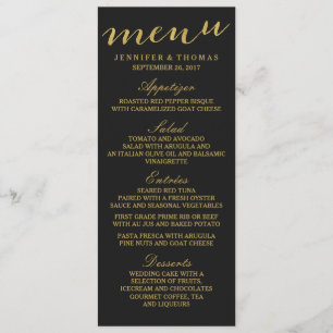 Ouro chique e menu preto do casamento