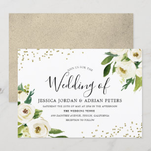 Ouro Convite de casamento Floral Branco Moderno