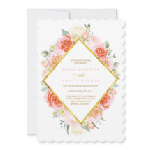 Ouro, coral, pêssego e convites cor-de-rosa do