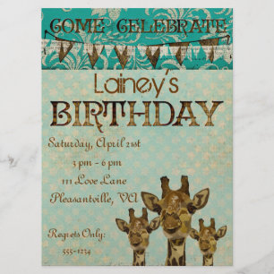 Ouro Damask Girafas Blue - Convite de Aniversário