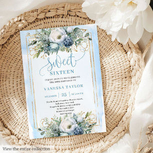 Ouro Dusty Blue Floral Sweet 16 Convite