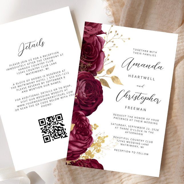 Ouro Floral Código QR Casamento Borgonha Orçamento (Criador carregado)