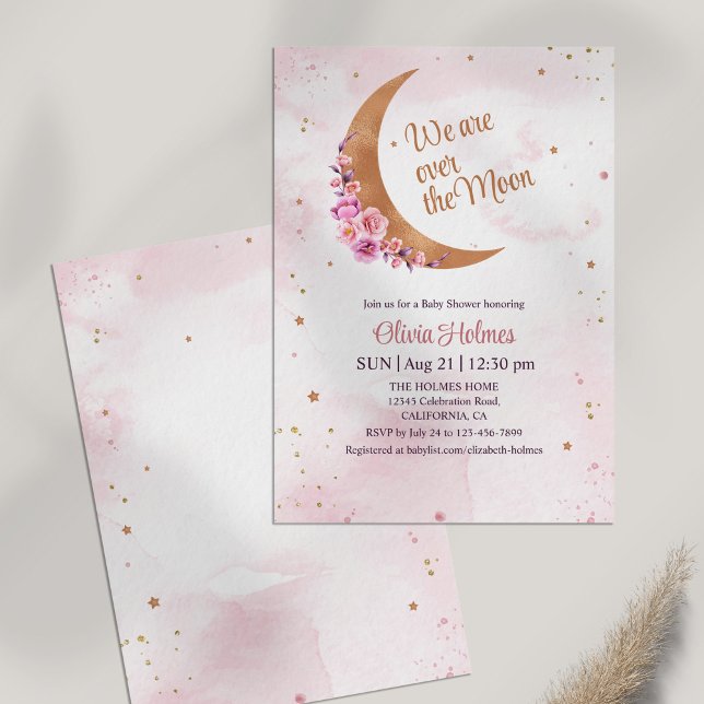 Ouro Floral Moon Chá de fraldas Convite (Golden Floral Moon Baby Shower Invitation on white table)
