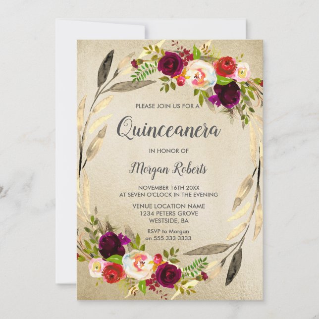Ouro Floral Wreath Quinceanera Convite (Frente)