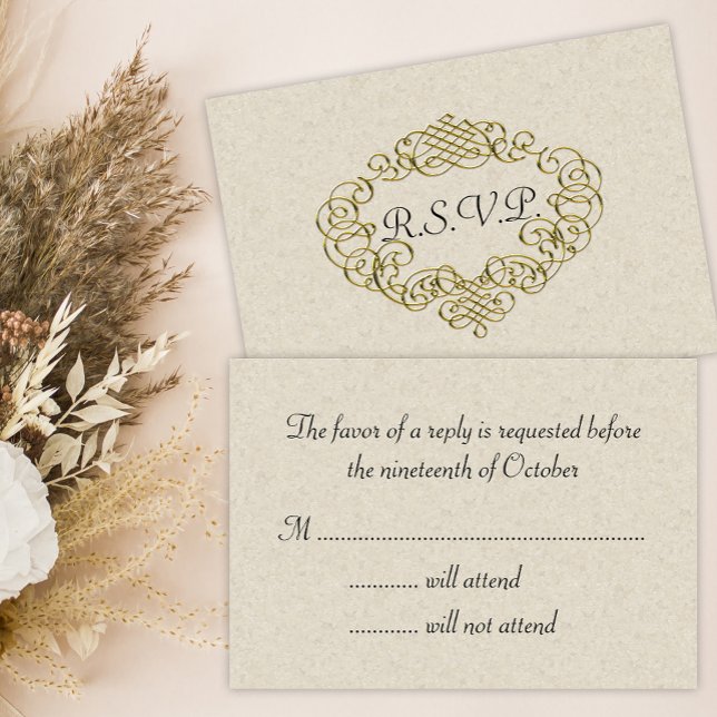 Ouro Flourish Wedding Crest Beige Wedding RSVP (Criador carregado)