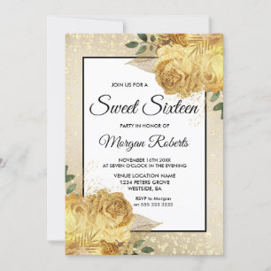 Ouro Glitter Floral Sweet 16 Convite