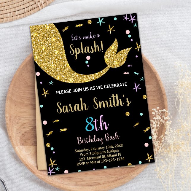 Ouro Glitter Sereia — Convites de Aniversário (Golden Glitter Mermaid Tail Birthday Invitations)