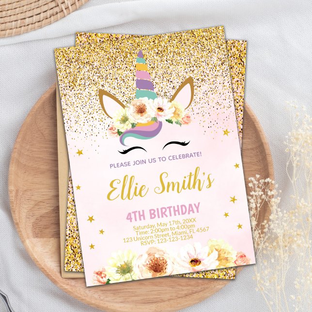 Ouro Glitter Unicorn Convites de Aniversário (Golden Glitter Unicorn Birthday Invitations)