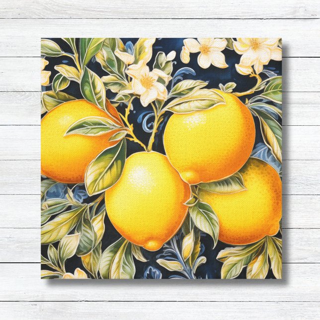 Ouro Limões Canvas do Mediterrâneo Barroco (Baroque Vintage Botanical Lemons and Blossoms on Navy Canvas Print Kitchen Wall Art)