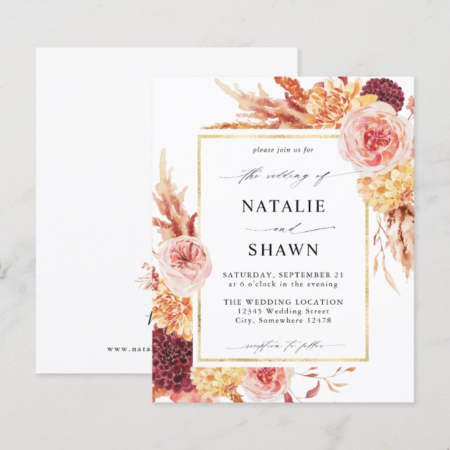 Ouro Orçamental Borgonha e Casamento Floral Rosa E (Frente/Verso)