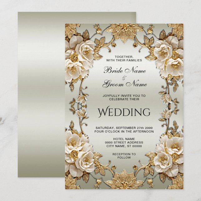 Ouro Ornamentado Flores Brancas Convite De Casamen (Frente/Verso)