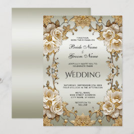Ouro Ornamentado Flores Brancas Convite De Casamen