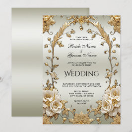 Ouro Ornamentado Flores Brancas Convite De Casamen