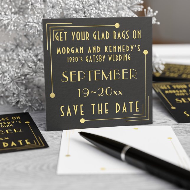 Ouro Preto Art Deco em Massa Save the Date dos ano (A pack of 100 business card sized save the dates for your Gatsby Wedding. Just add your detail)