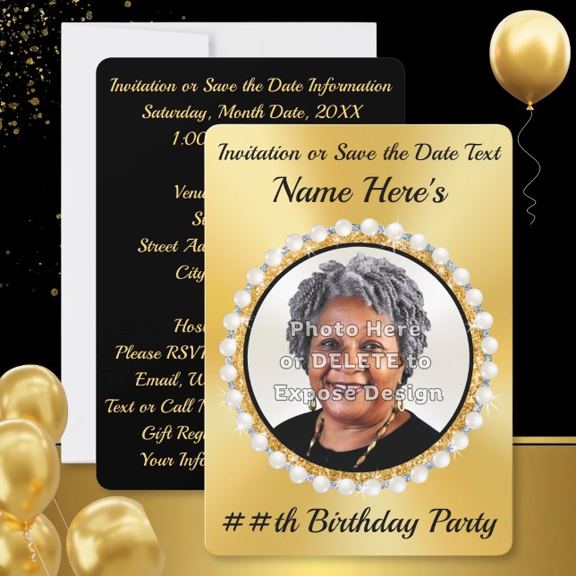 Ouro Preto, Convites de Aniversário com FOTO, Salv (Black and gold, elegant save the dates. Gold and black birthday invitations. Photo birthday invites.)