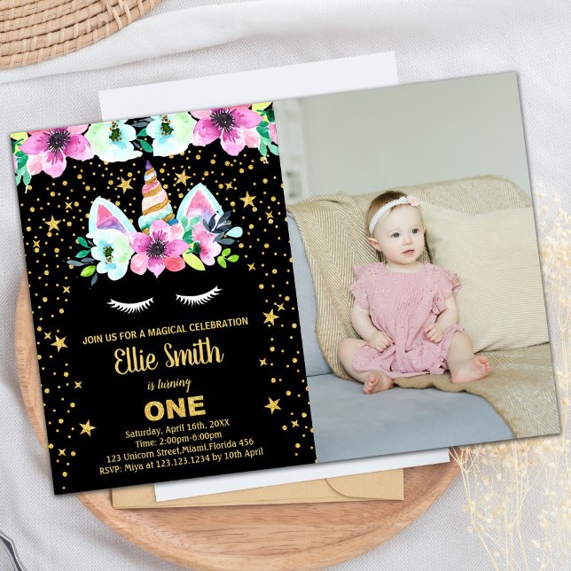 Ouro Preto Unicorn Convites de Aniversário com fot (Golden Black Unicorn Birthday Invitations w photo)
