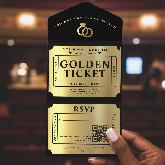 Ouro Tíquete Preto e Código QR Dourado Casamento (Golden Ticket Black & Gold QR Code Wedding All In One Invitation
)