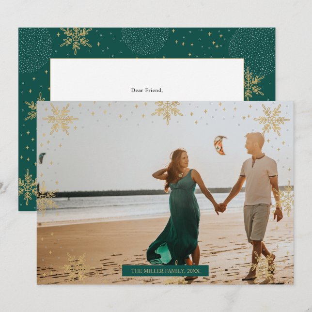 Ouro & Verde | Cartão de Natal Moderno de Foto de  (Frente/Verso)