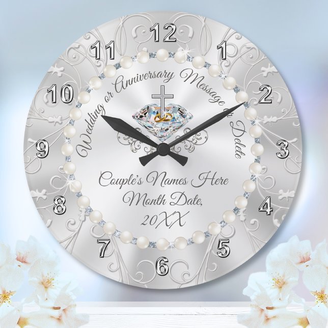 Ouros e Pérolas Relógio Personalizado (Christian Wedding Gift for Bride and Groom. Christian Anniversary Gifts. Any Year. Christian Clock.)