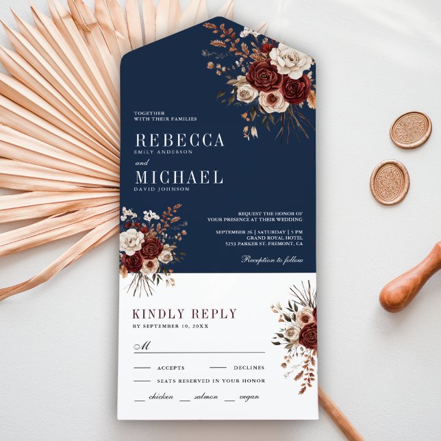 Outono Burgundy Floral Naval Rústico Casamento (Criador carregado)