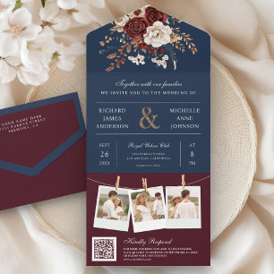Outono Casamento Floral Burgundy QR Code Azul Mari