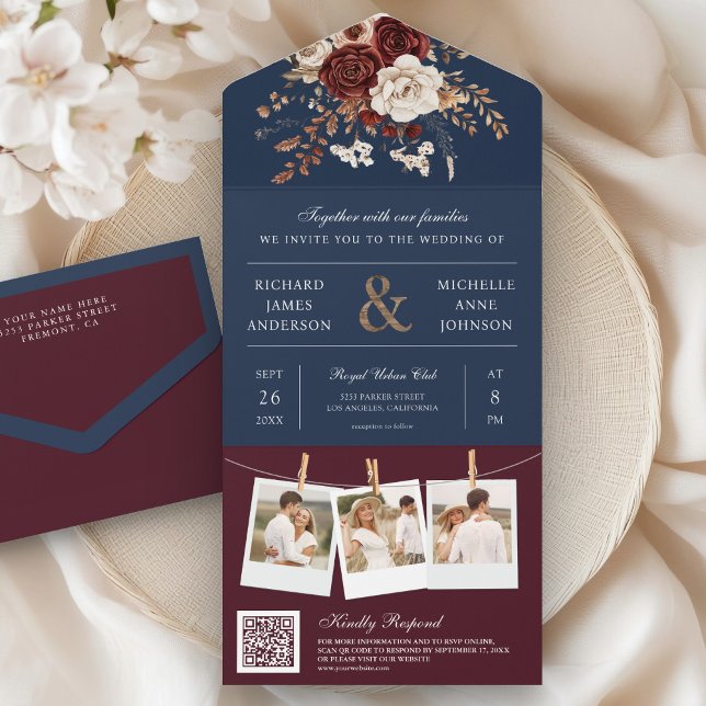 Outono Casamento Floral Burgundy QR Code Azul Mari (Criador carregado)