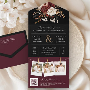 Outono Floral Burgundy Código QR Preto Casamento