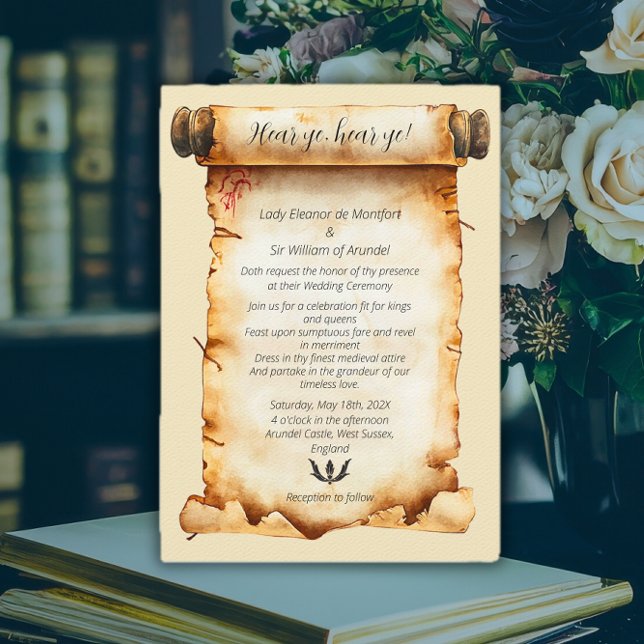 Ouvi-vos Convite de Casamento em Pergaminho Mediev (Hear Ye Medieval Aged Scroll Wedding Invitation)