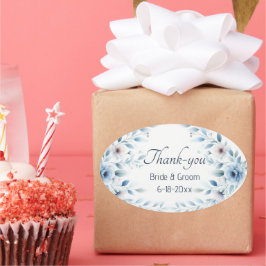 Oval Adesivo de Agradecimento de Casamento Floral Azul 