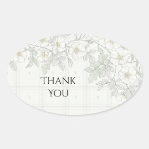 Oval Adesivo de Agradecimento Xadrez Floral Branco