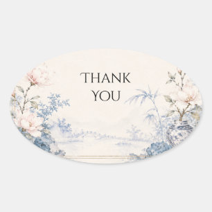 Oval Adesivo de casamento Magnólia Azul e Branco Chinoi