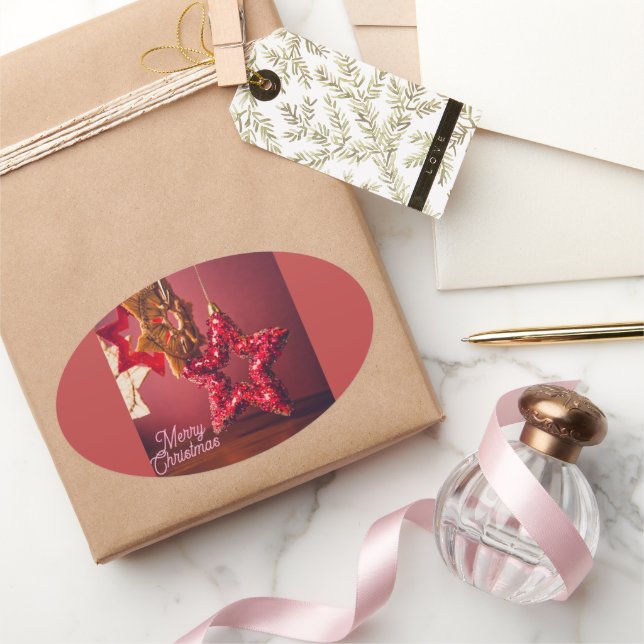 Oval Adesivo de Estrela de Natal – Design Feliz Natal (Presentear)