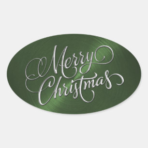 Oval Adesivo de Natal Verde com Prata Efeito de Relevo