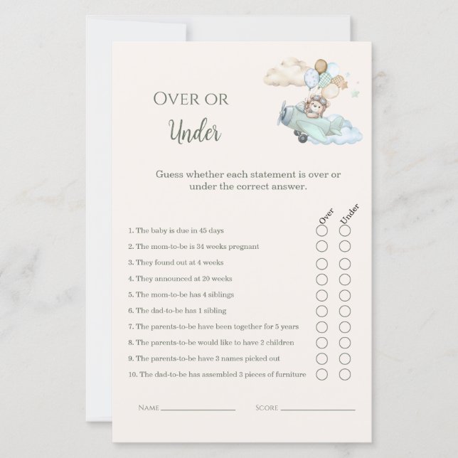 Over or Under Baby Shower Game Bearly Wait Boy  (Frente)