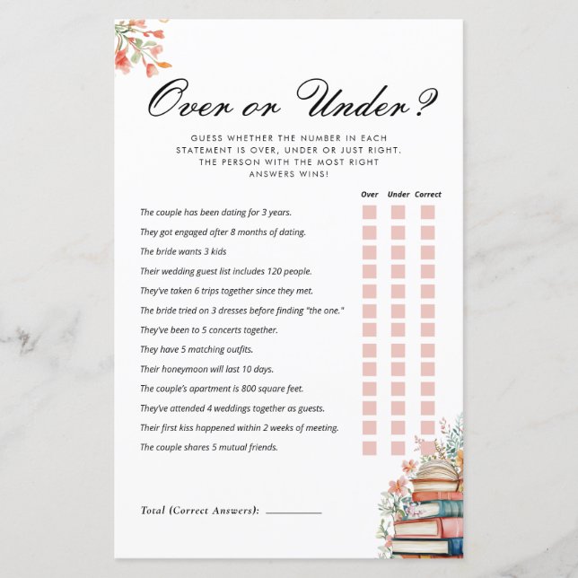 Over or Under New Chapter Bridal Shower Game (Frente)